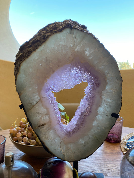 Amethyst Slice on Dark Metal Stand | Sculptural Home Décor