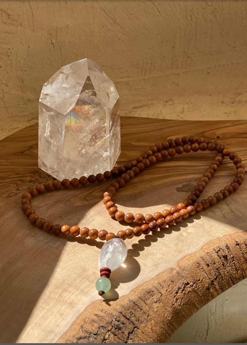 Collier Mala en Bois, Quartz et Jade