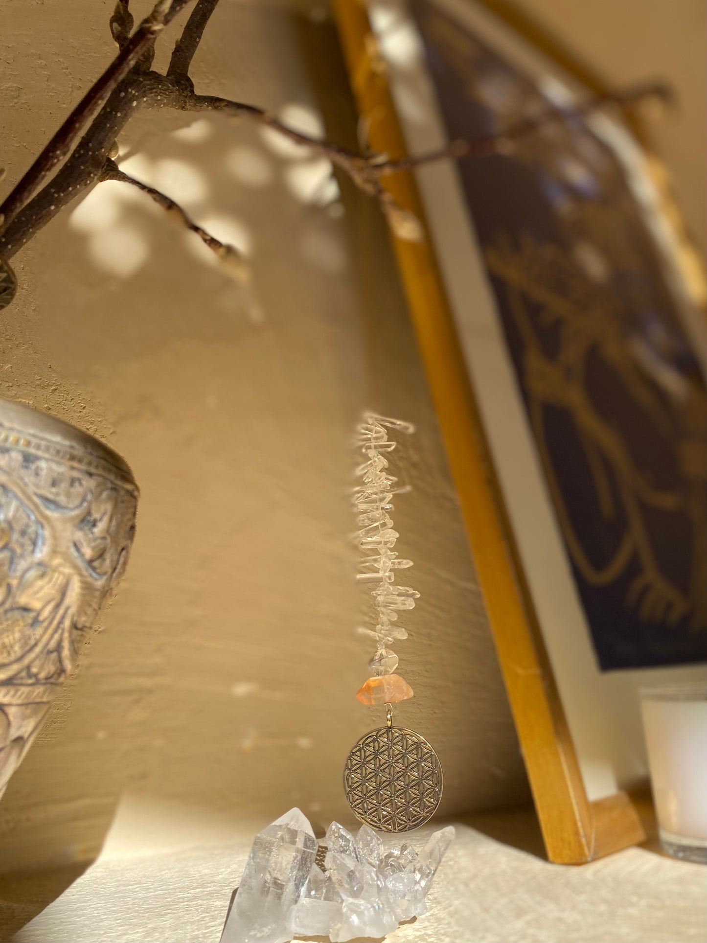 Fleur de vie, attrape-soleil à quartz mandarine