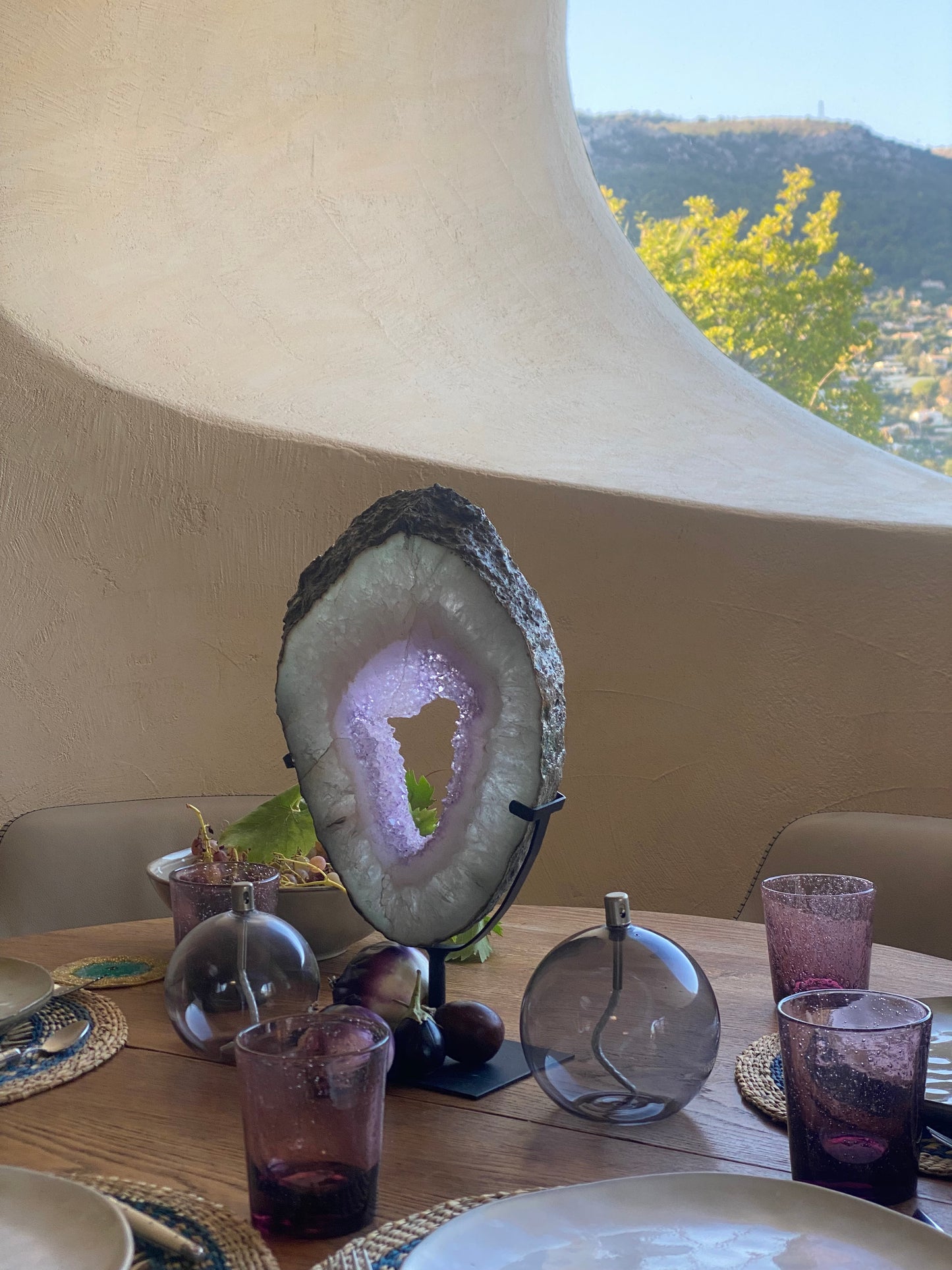 Amethyst Slice on Dark Metal Stand | Sculptural Home Décor