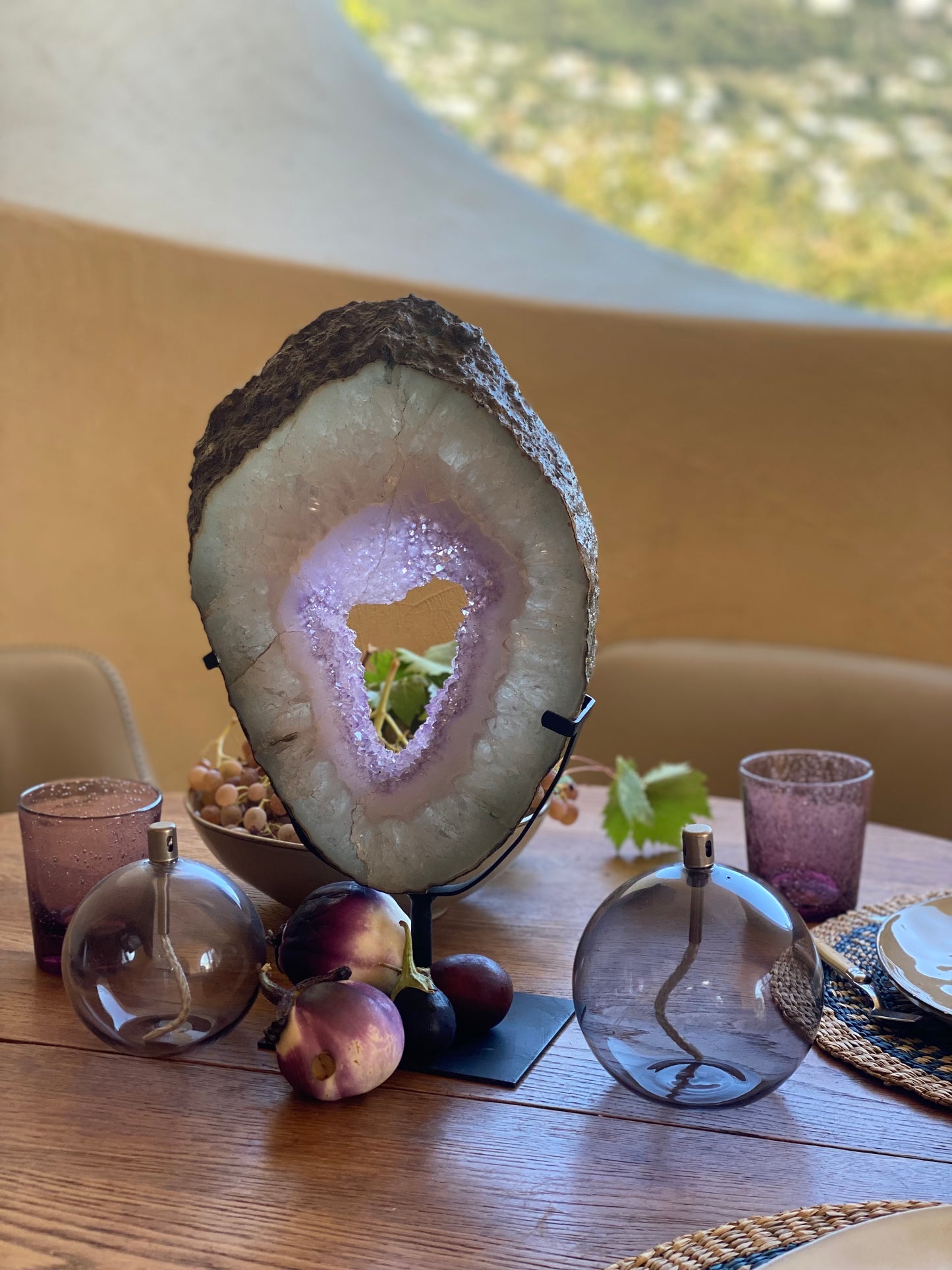 Amethyst Slice on Dark Metal Stand | Sculptural Home Décor