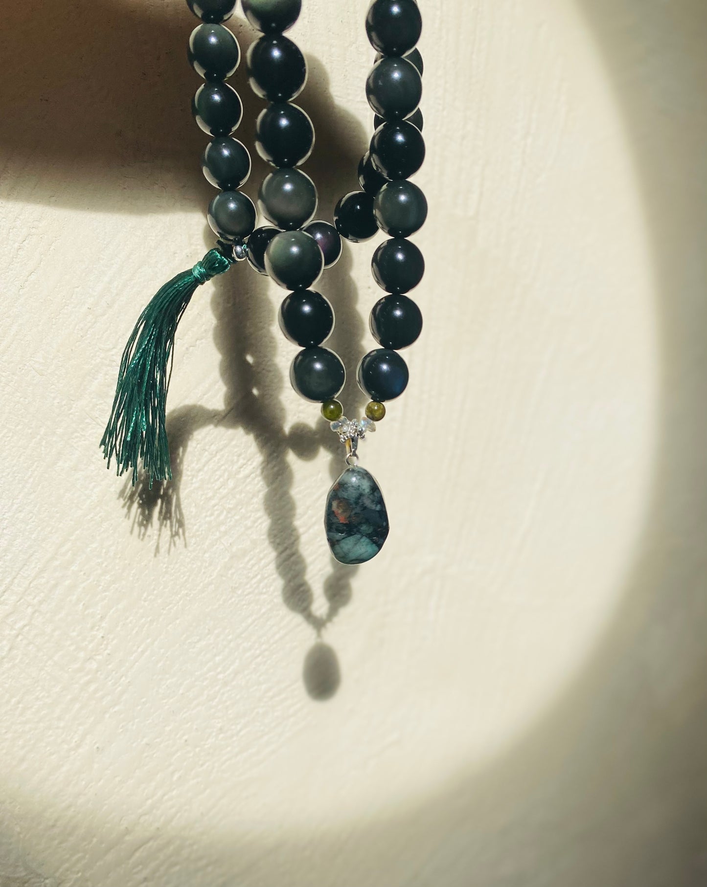 Emerald & Rainbow Obsidian Mala Necklace