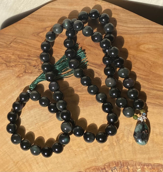 Emerald & Rainbow Obsidian Mala Necklace