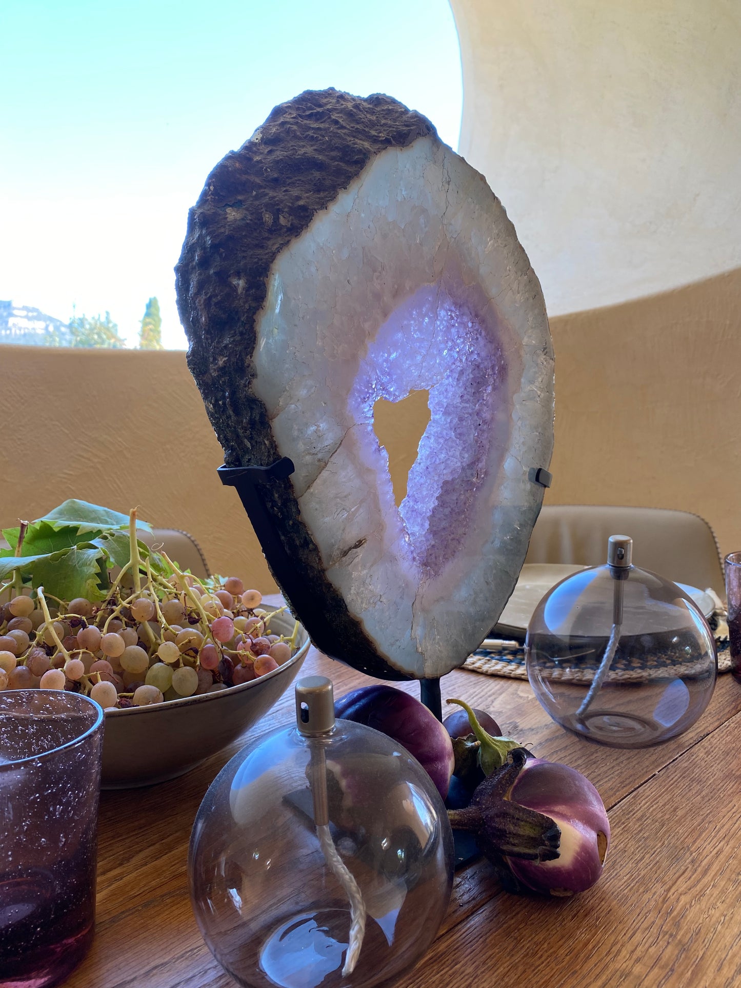 Amethyst Slice on Dark Metal Stand | Sculptural Home Décor