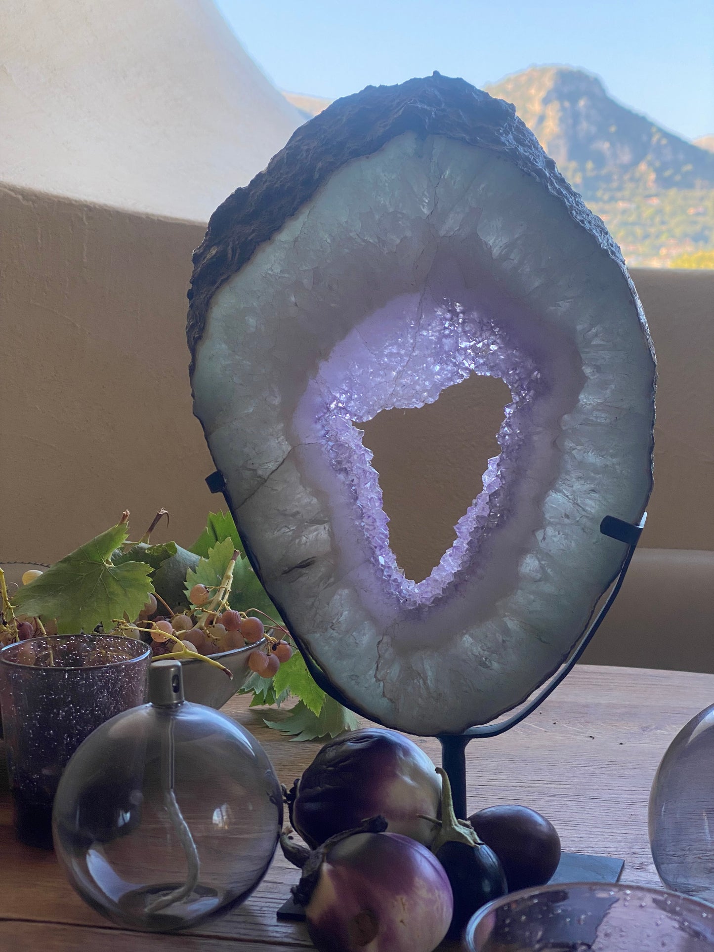 Amethyst Slice on Dark Metal Stand | Sculptural Home Décor