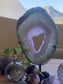 Amethyst Slice on Dark Metal Stand | Sculptural Home Décor