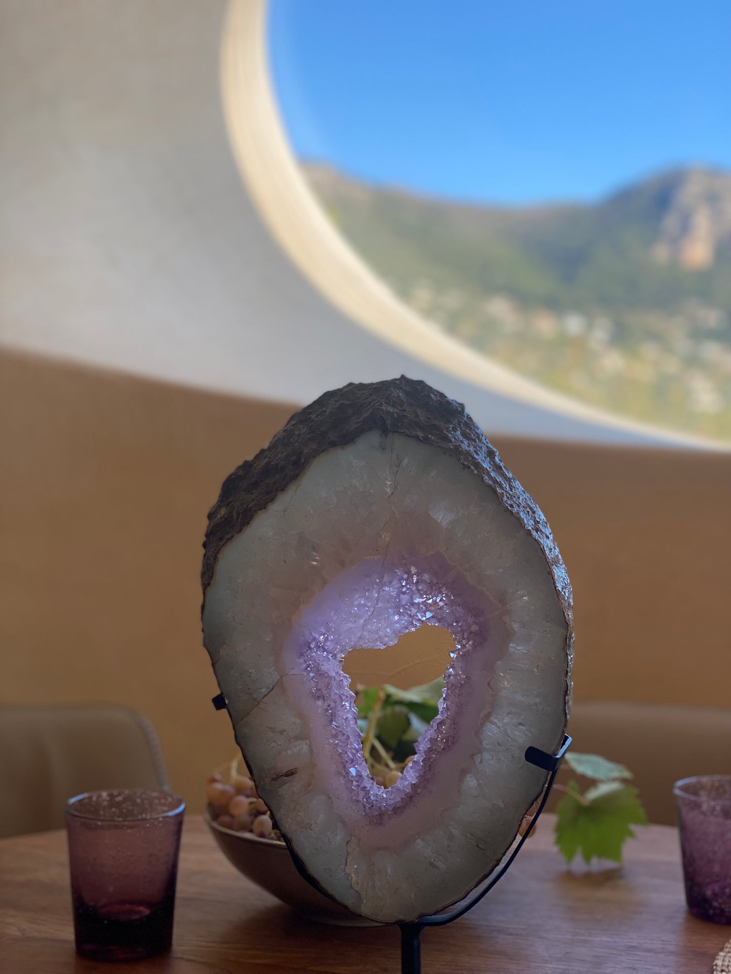Amethyst Slice on Dark Metal Stand | Sculptural Home Décor