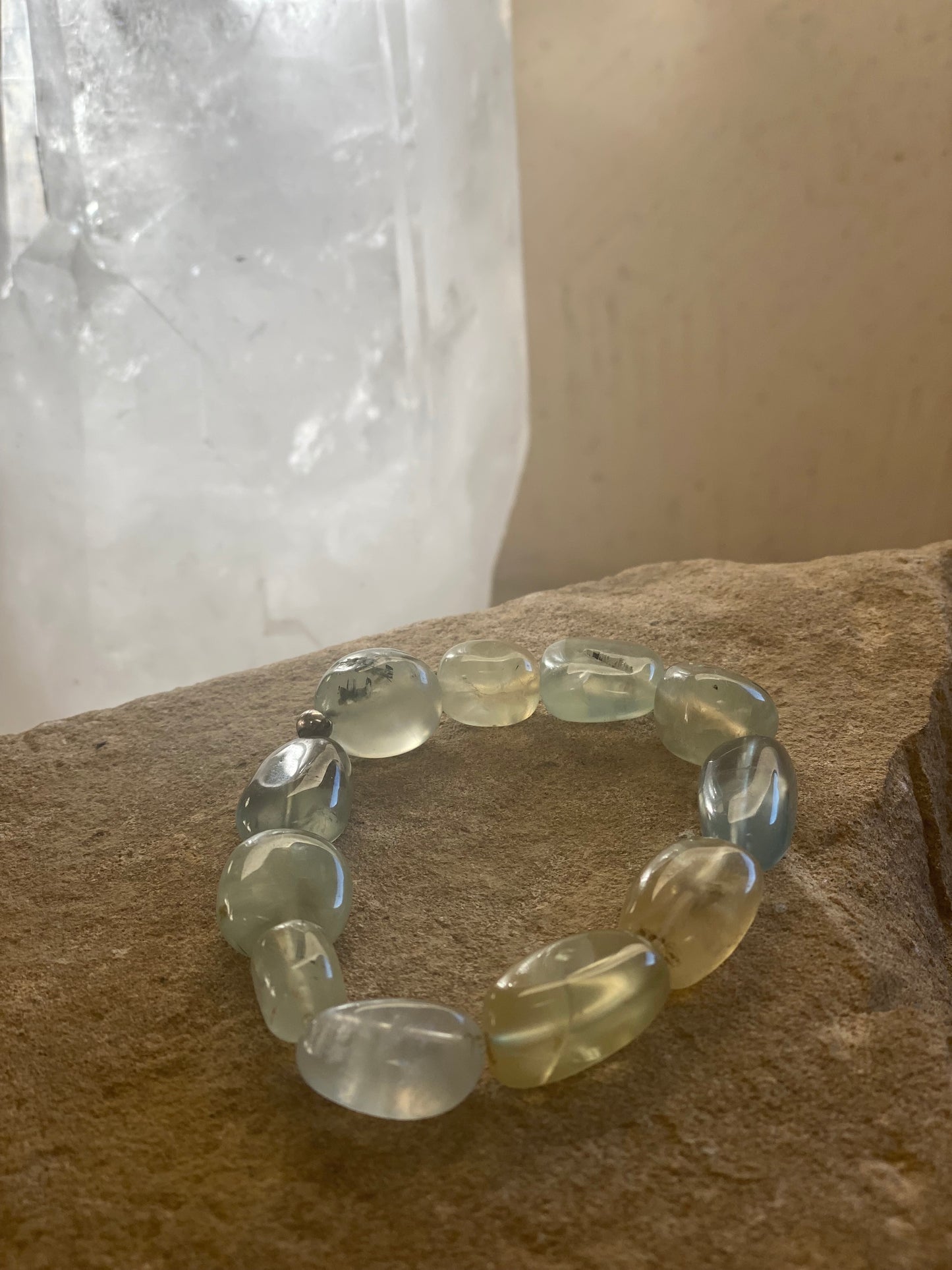 Prehnite and Silver Bead Bracelet