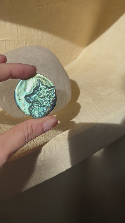 Labradorite Stone Wolf Carving