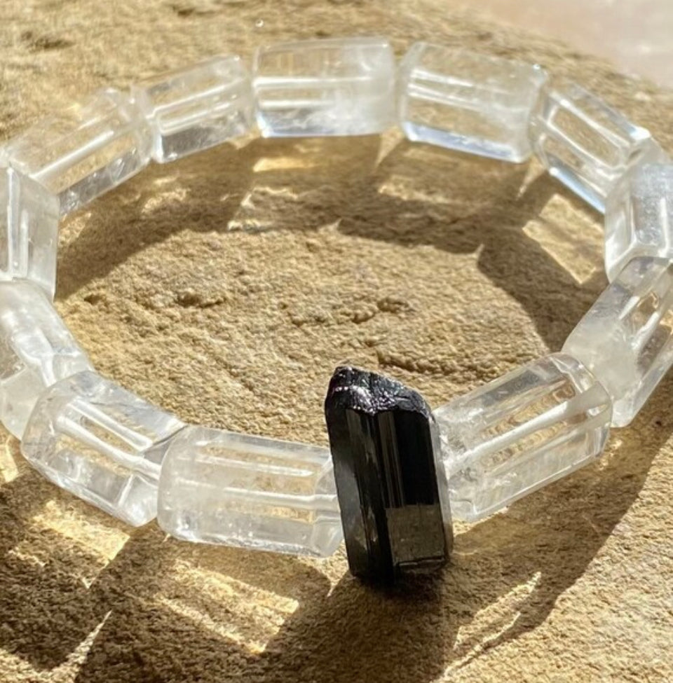 Black Tourmaline and Quartz Crystal Protection Bracelet