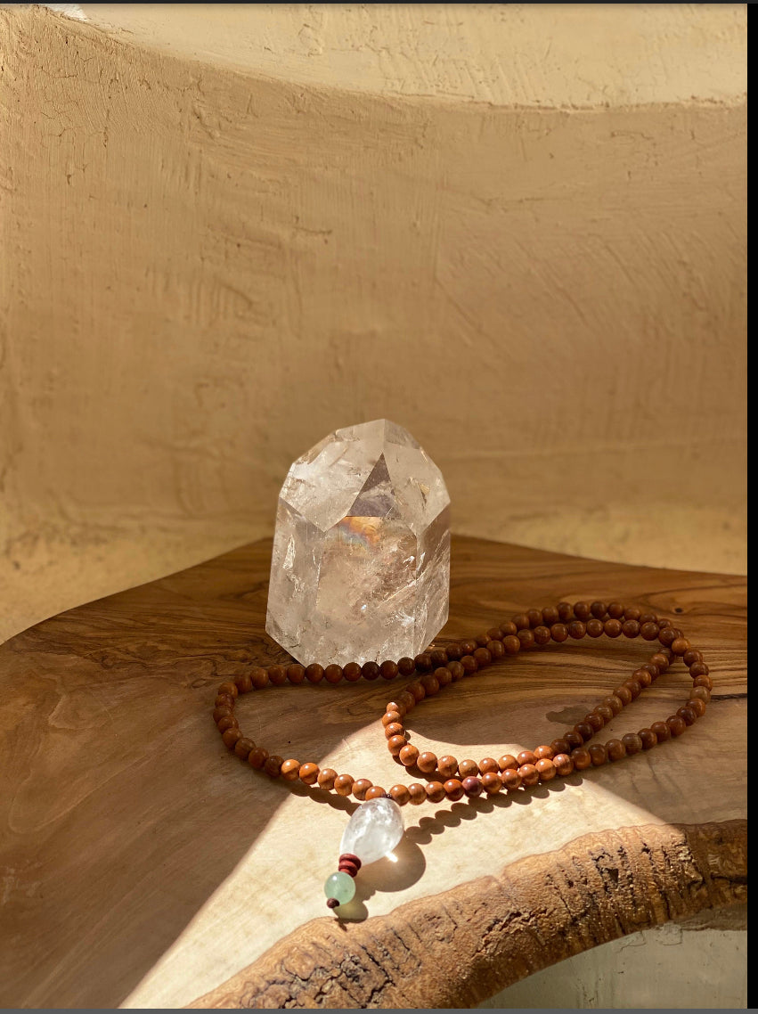 Wood, Quartz and Jade Mala Necklace