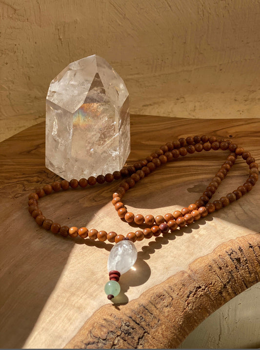 Wood, Quartz and Jade Mala Necklace