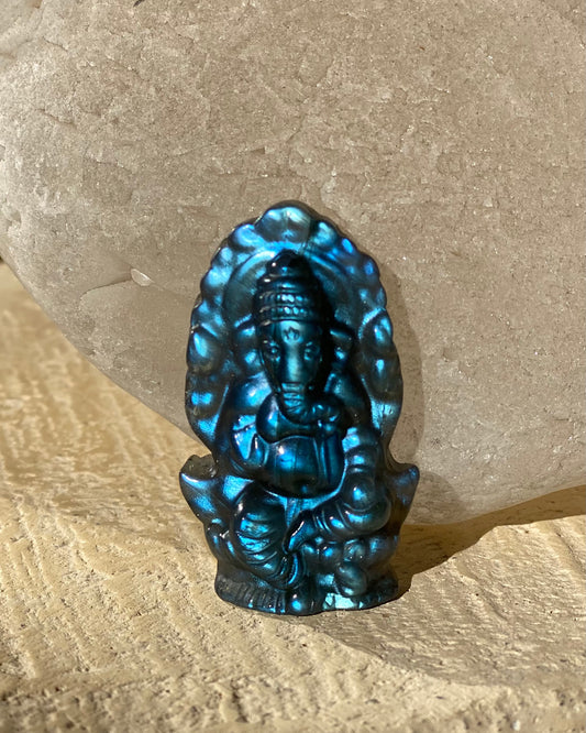 Electric Blue Labradorite Ganesha Stone Sculpture